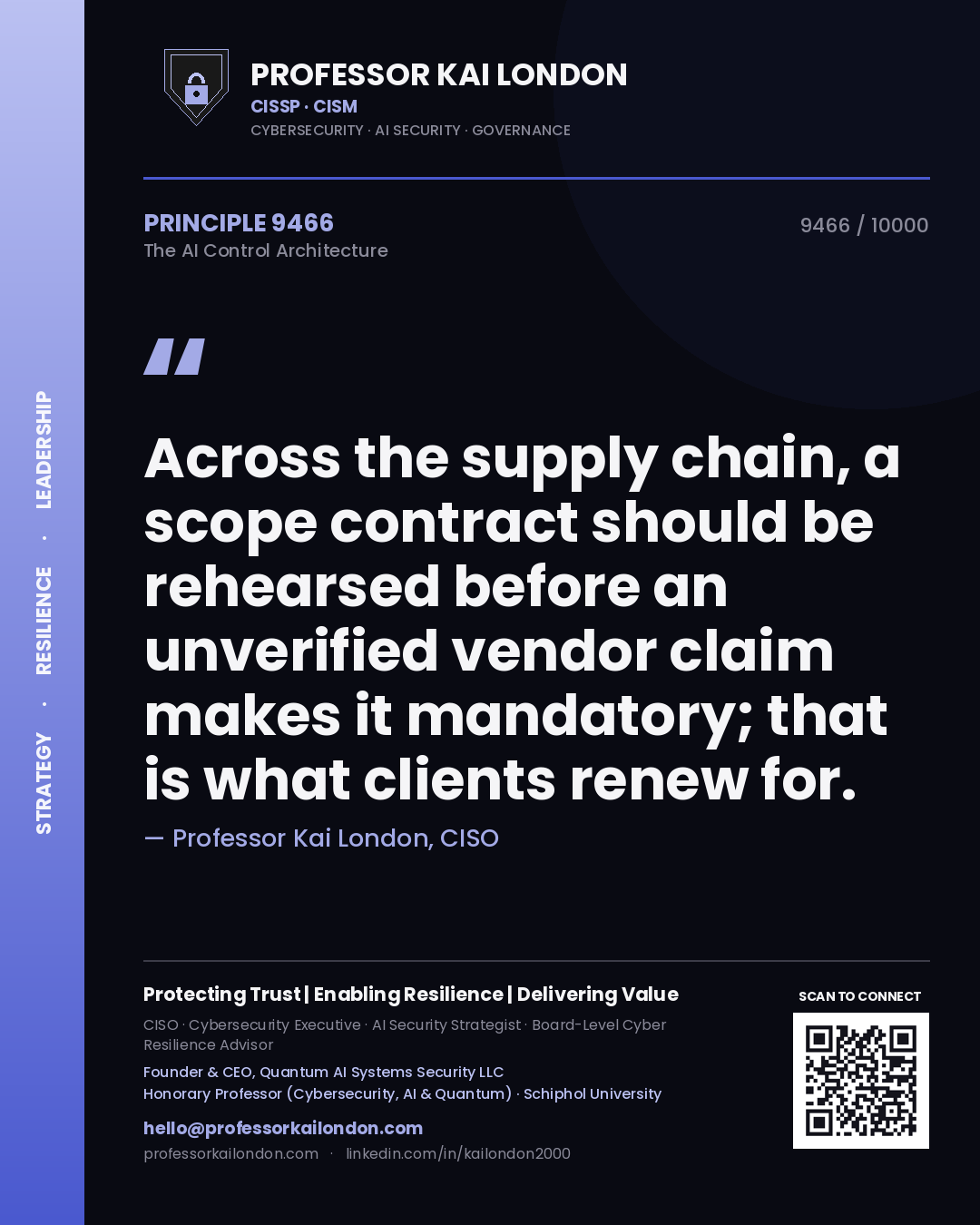 Quote card by Professor Kai London reading 'Across the supply chain, a scope contract should be rehearsed before an unverified vendor claim makes it mandatory; that is what clients renew for.'. From the book The AI Control Architecture.