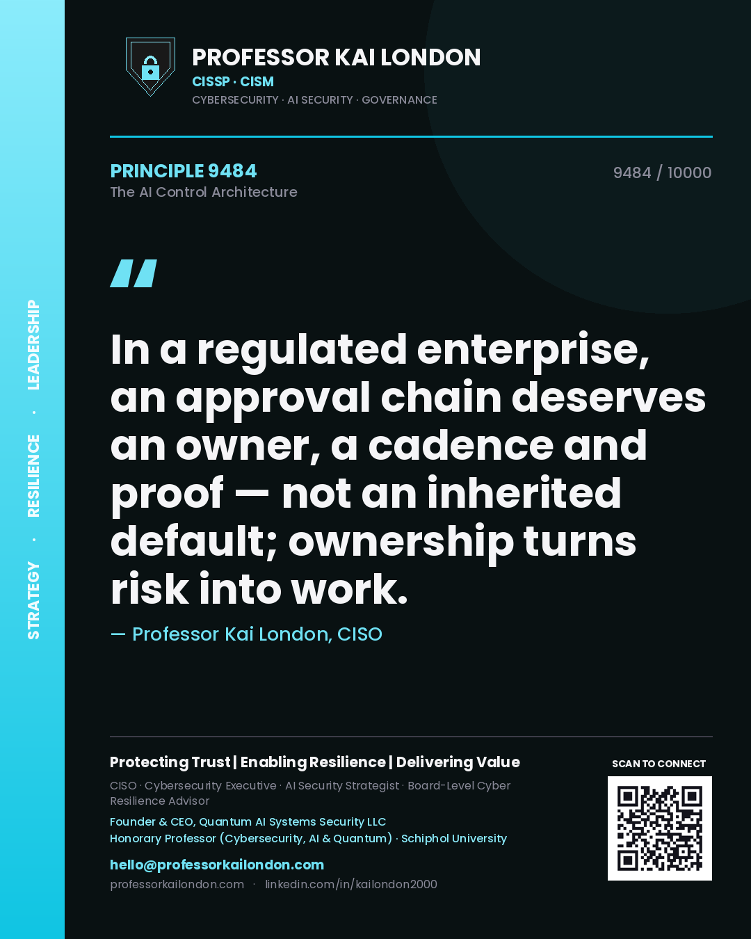 Quote card by Professor Kai London reading 'In a regulated enterprise, an approval chain deserves an owner, a cadence and proof — not an inherited default; ownership turns risk into work.'. From the book The AI Control Architecture.