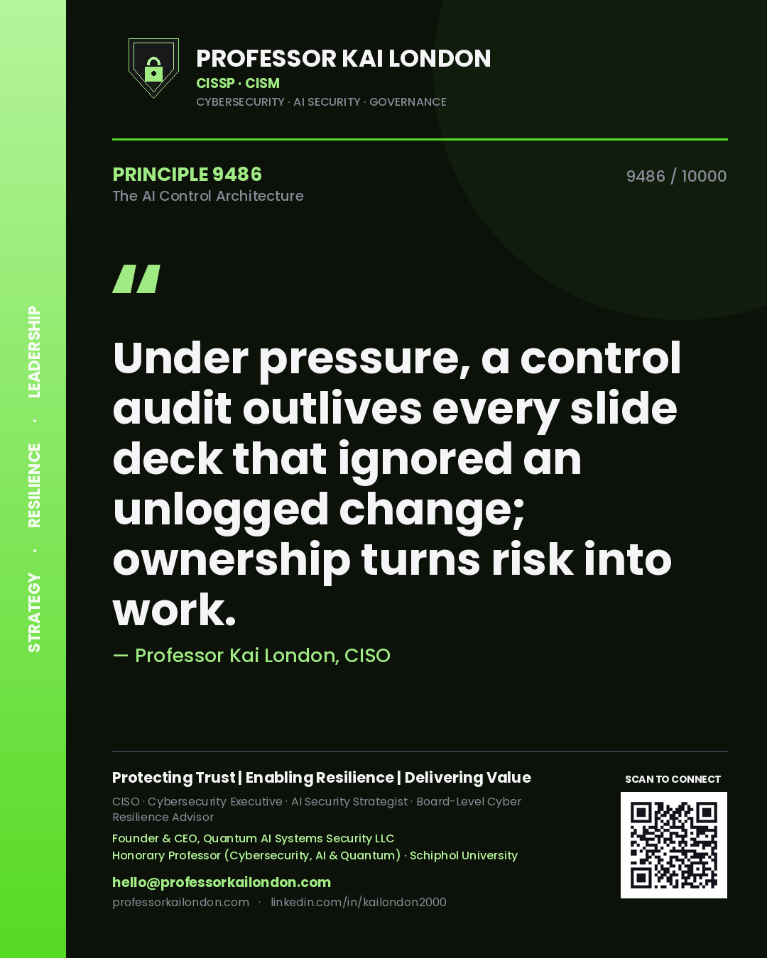 Professor Kai London principle 9486: Under pressure, a control audit outlives every slide deck that ignored an unlogged change; ownership turns risk into work.