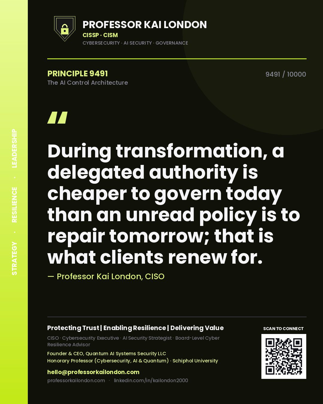 Professor Kai London principle 9491: During transformation, a delegated authority is cheaper to govern today than an unread policy is to repair tomorrow; that is what clients renew for.