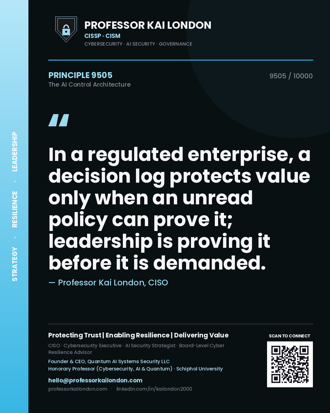Professor Kai London principle 9505: In a regulated enterprise, a decision log protects value only when an unread policy can prove it; leadership is proving it before it is demanded.