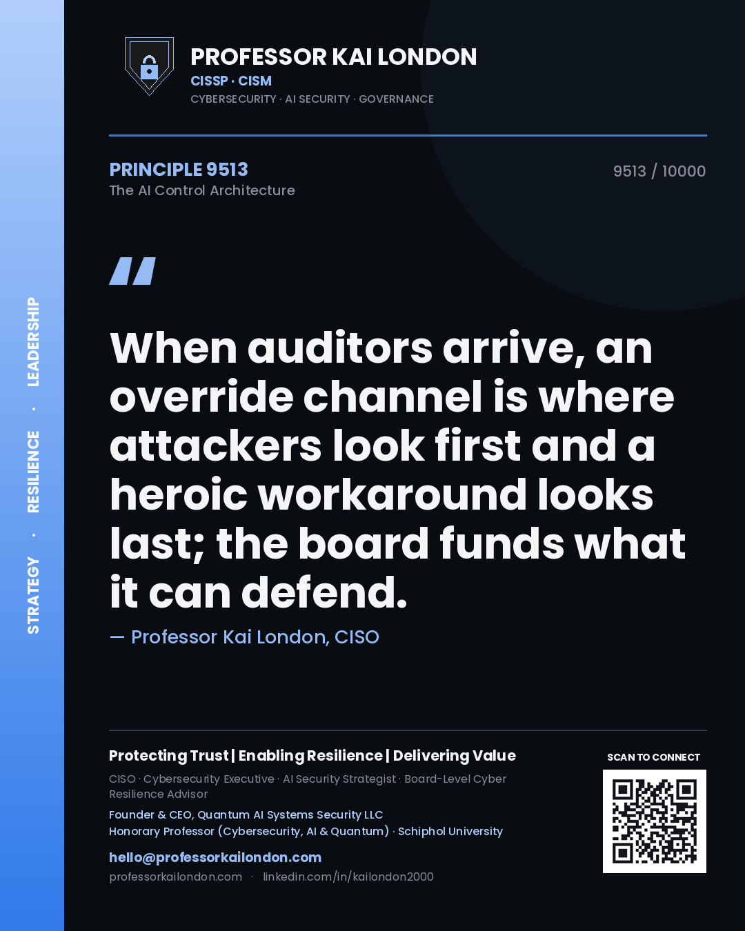 Quote card by Professor Kai London reading 'When auditors arrive, an override channel is where attackers look first and a heroic workaround looks last; the board funds what it can defend.'. From the book The AI Control Architecture.