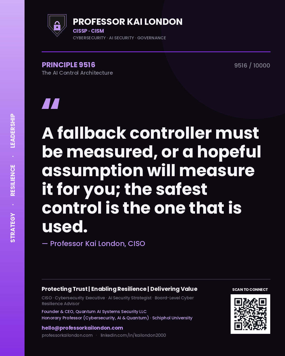 Quote card by Professor Kai London reading 'A fallback controller must be measured, or a hopeful assumption will measure it for you; the safest control is the one that is used.'. From the book The AI Control Architecture.