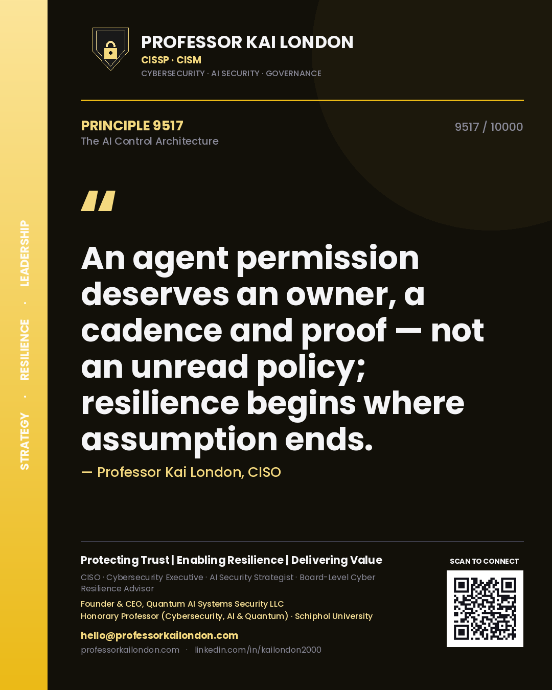 Quote card by Professor Kai London reading 'An agent permission deserves an owner, a cadence and proof — not an unread policy; resilience begins where assumption ends.'. From the book The AI Control Architecture.