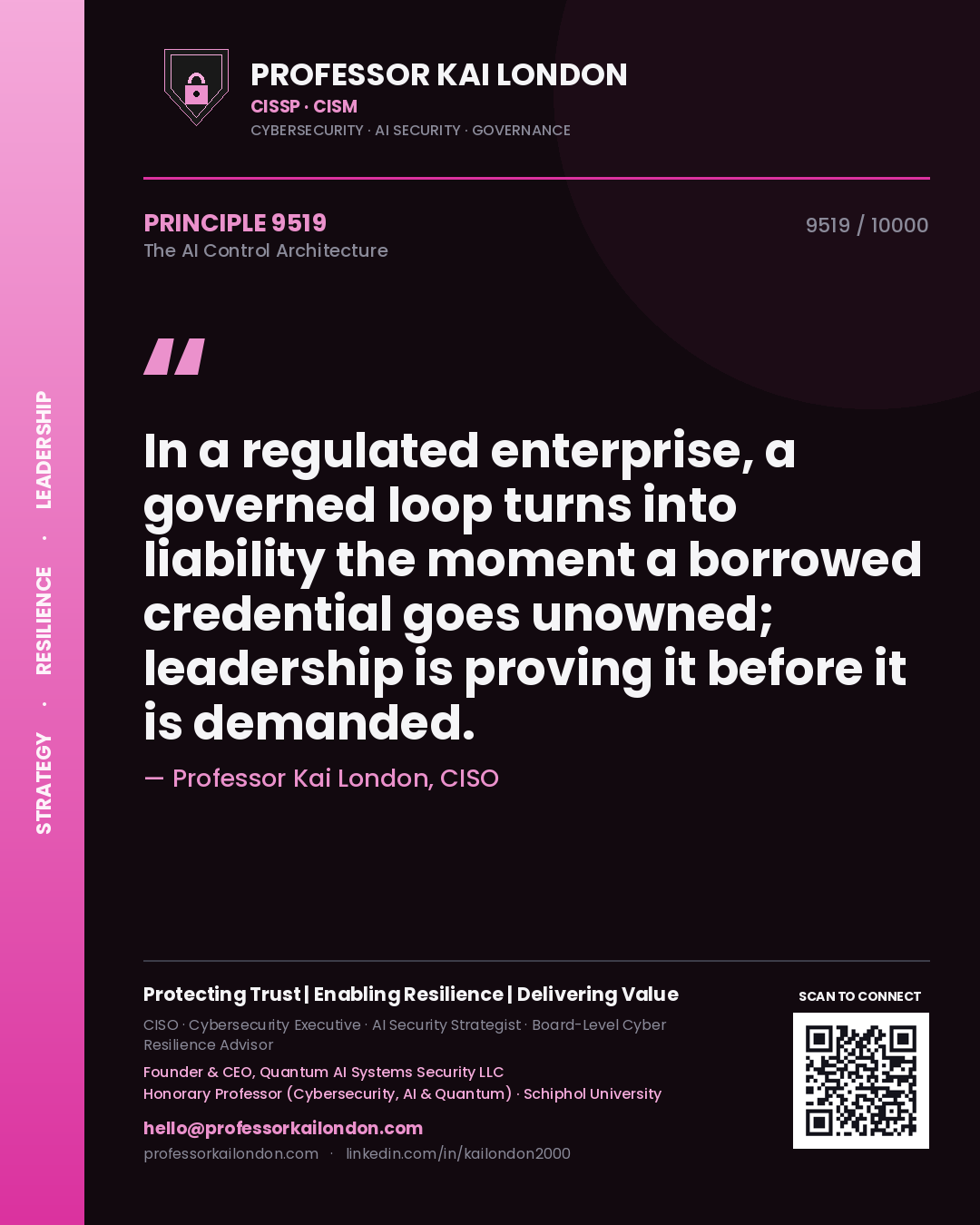 Professor Kai London principle 9519: In a regulated enterprise, a governed loop turns into liability the moment a borrowed credential goes unowned; leadership is proving it before it is demanded.