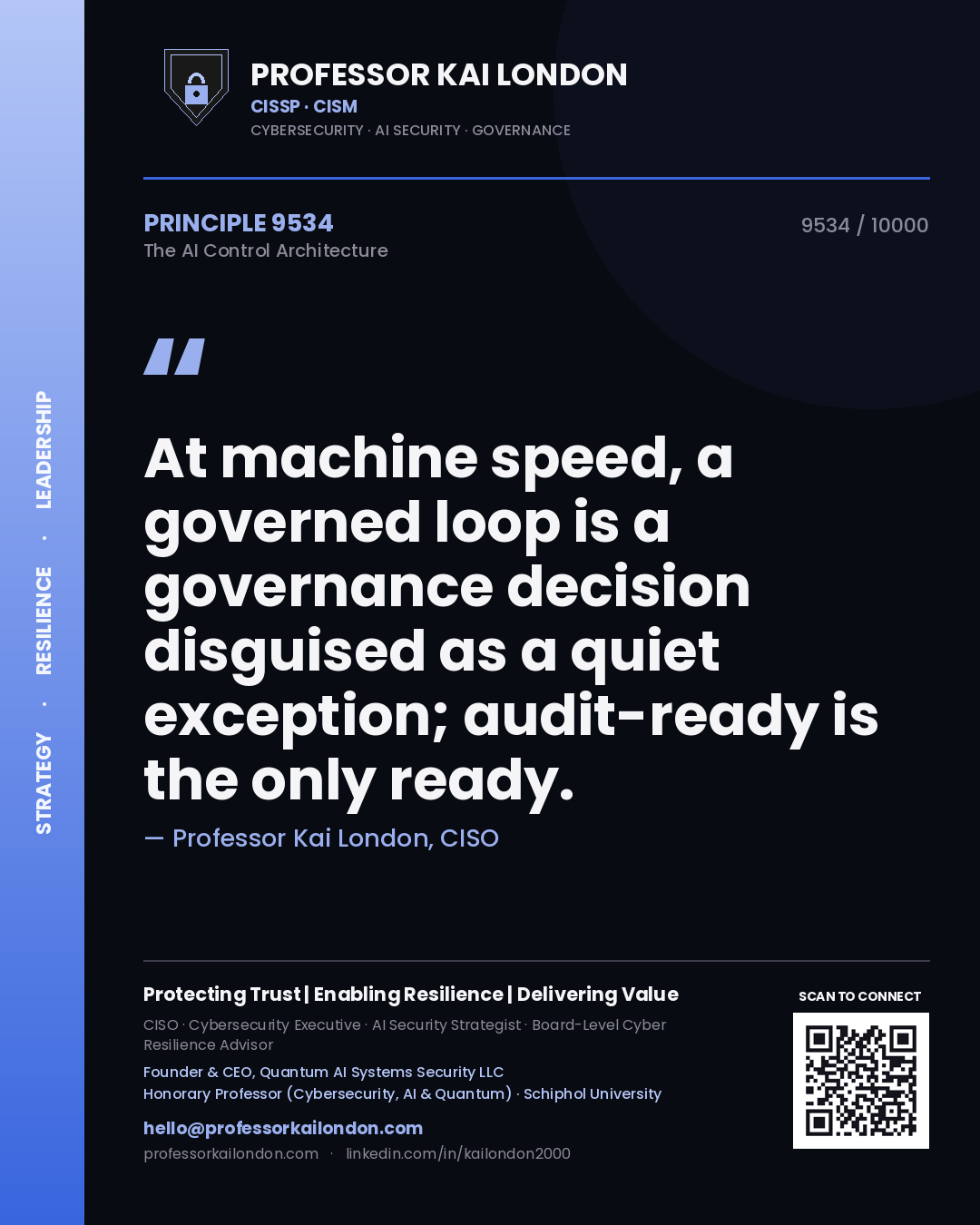 Quote card by Professor Kai London reading 'At machine speed, a governed loop is a governance decision disguised as a quiet exception; audit-ready is the only ready.'. From the book The AI Control Architecture.