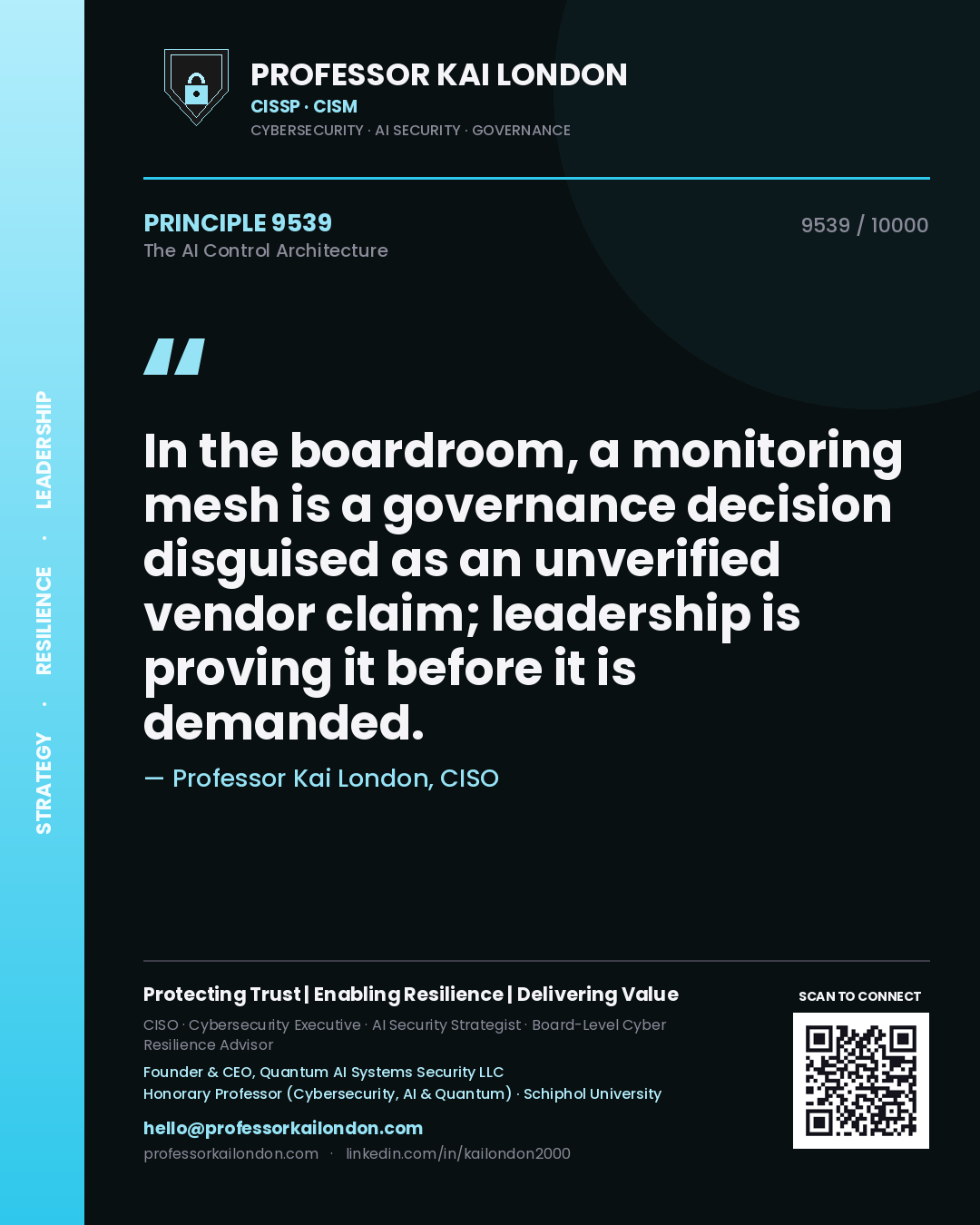 Quote card by Professor Kai London reading 'In the boardroom, a monitoring mesh is a governance decision disguised as an unverified vendor claim; leadership is proving it before it is demanded.'. From the book The AI Control Architecture.