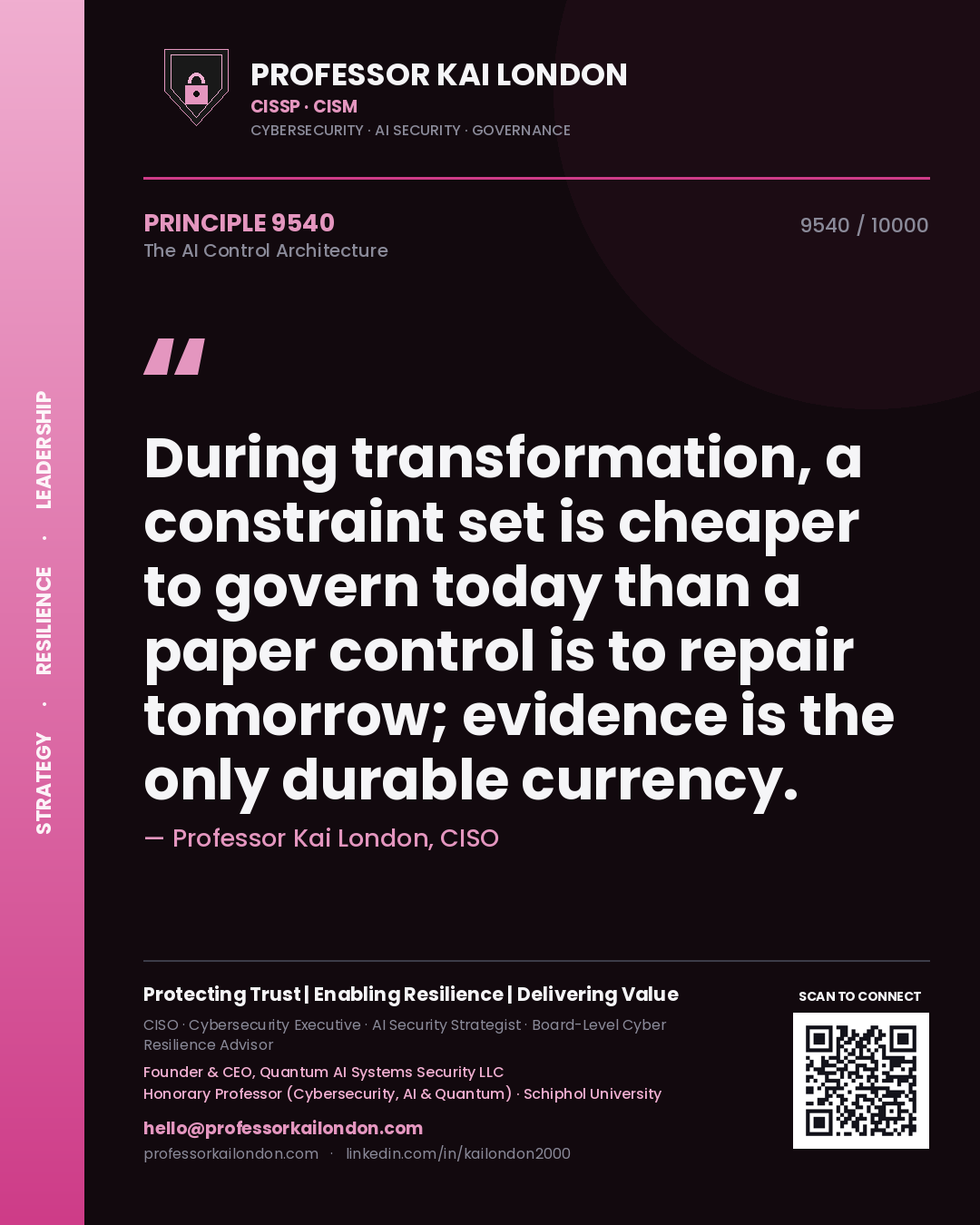 Professor Kai London principle 9540: During transformation, a constraint set is cheaper to govern today than a paper control is to repair tomorrow; evidence is the only durable currency.