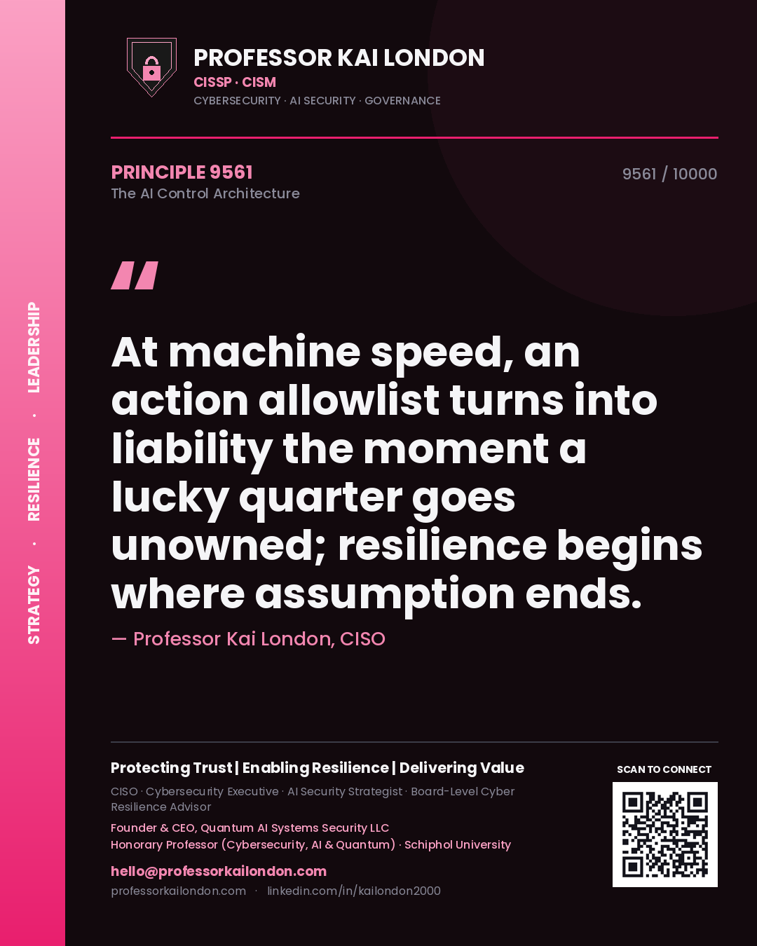 Quote card by Professor Kai London reading 'At machine speed, an action allowlist turns into liability the moment a lucky quarter goes unowned; resilience begins where assumption ends.'. From the book The AI Control Architecture.