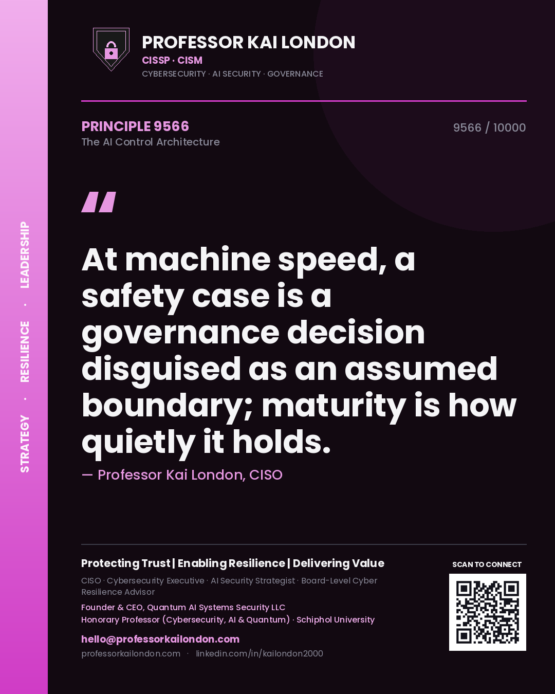 Quote card by Professor Kai London reading 'At machine speed, a safety case is a governance decision disguised as an assumed boundary; maturity is how quietly it holds.'. From the book The AI Control Architecture.