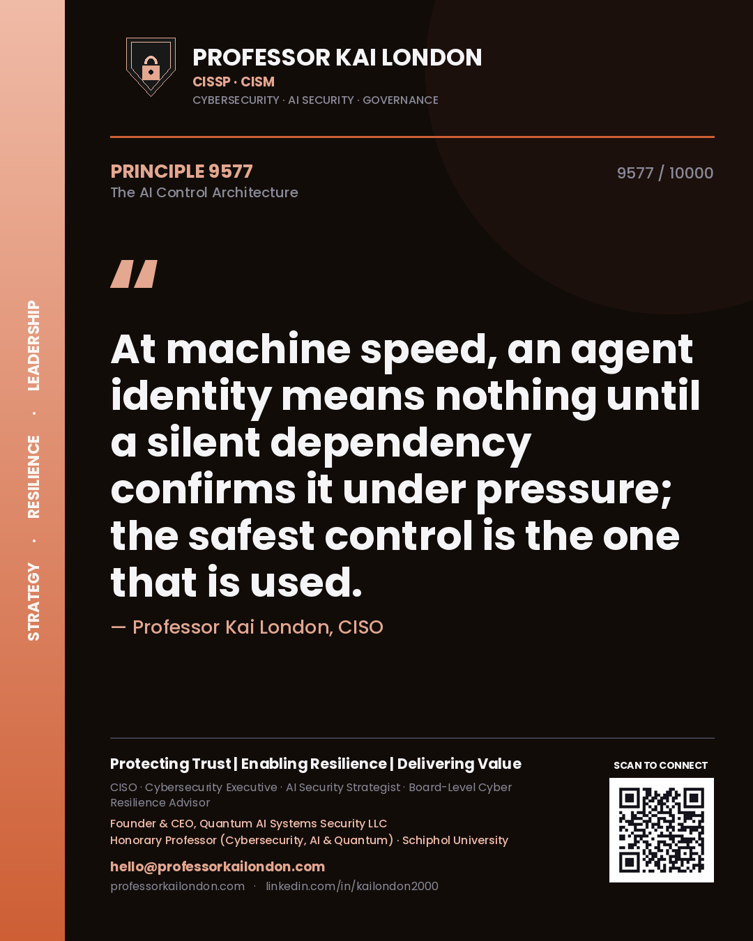 Quote card by Professor Kai London reading 'At machine speed, an agent identity means nothing until a silent dependency confirms it under pressure; the safest control is the one that is used.'. From the book The AI Control Architecture.