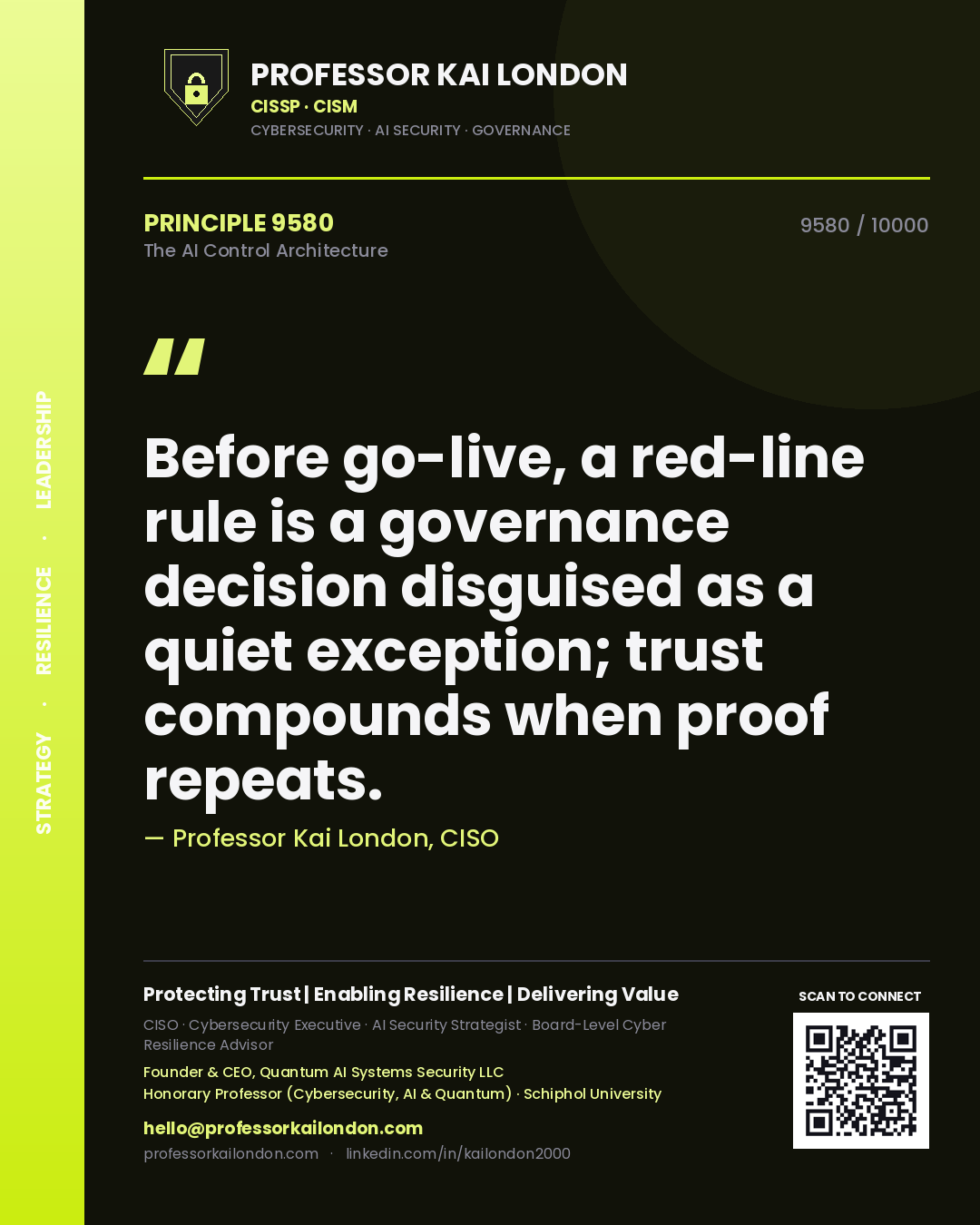 Professor Kai London principle 9580: Before go-live, a red-line rule is a governance decision disguised as a quiet exception; trust compounds when proof repeats.