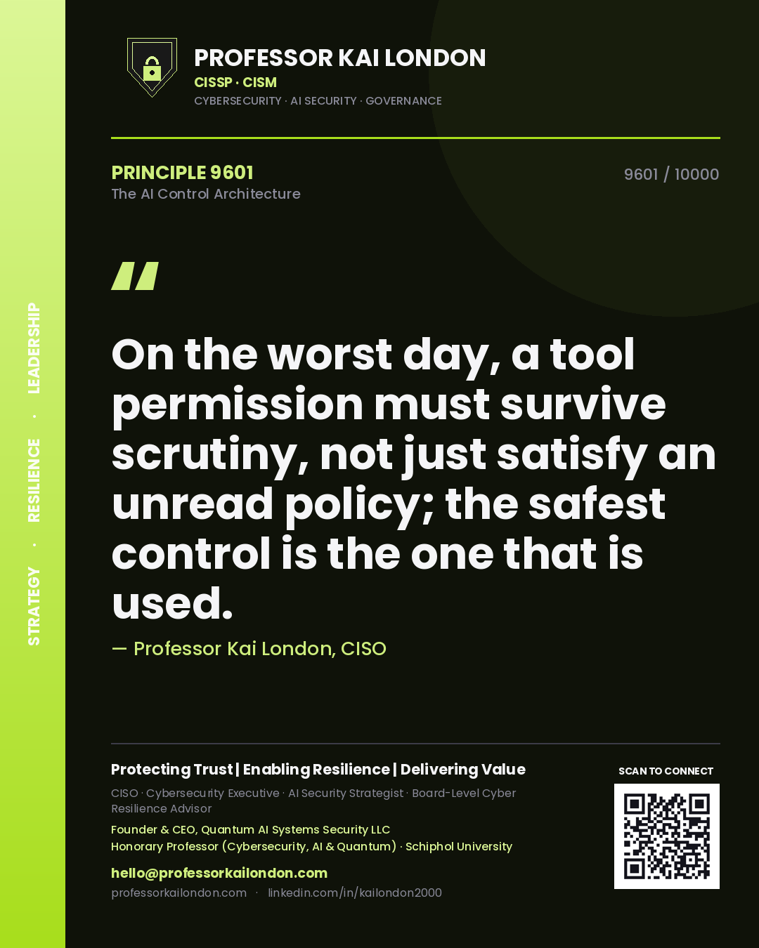 Quote card by Professor Kai London reading 'On the worst day, a tool permission must survive scrutiny, not just satisfy an unread policy; the safest control is the one that is used.'. From the book The AI Control Architecture.