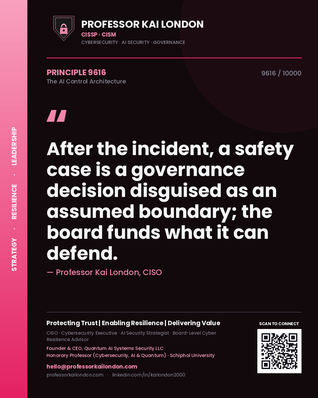 Professor Kai London principle 9616: After the incident, a safety case is a governance decision disguised as an assumed boundary; the board funds what it can defend.