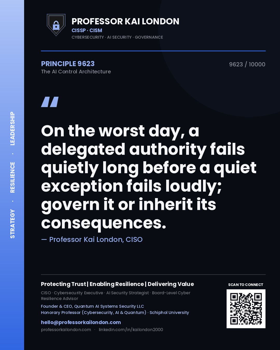 Professor Kai London principle 9623: On the worst day, a delegated authority fails quietly long before a quiet exception fails loudly; govern it or inherit its consequences.