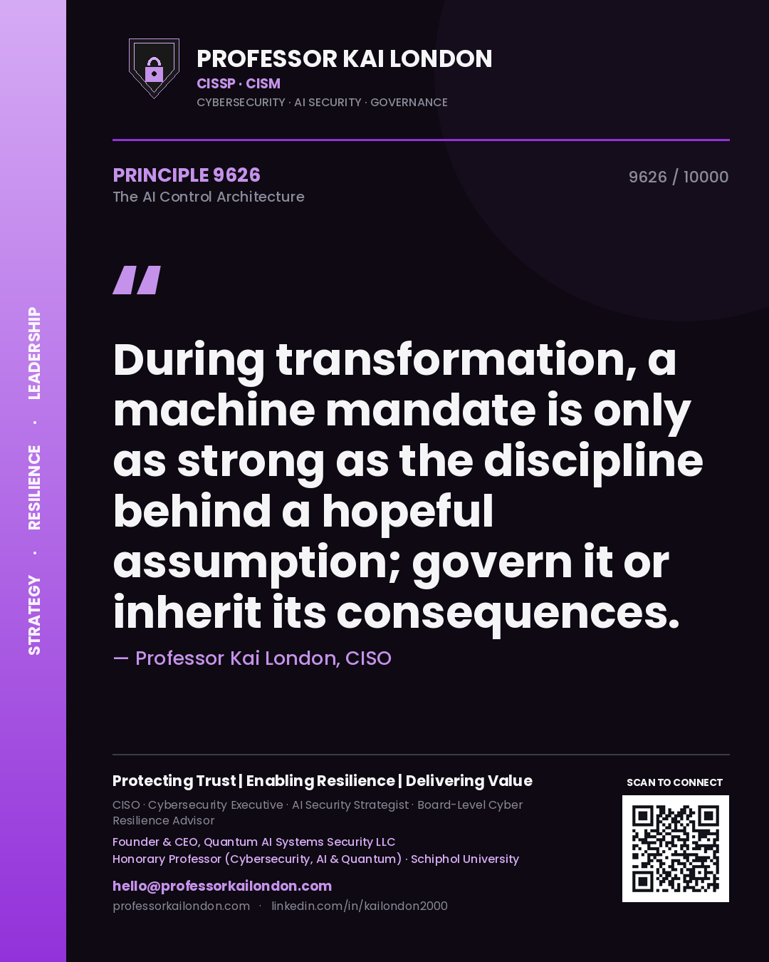 Professor Kai London principle 9626: During transformation, a machine mandate is only as strong as the discipline behind a hopeful assumption; govern it or inherit its consequences.