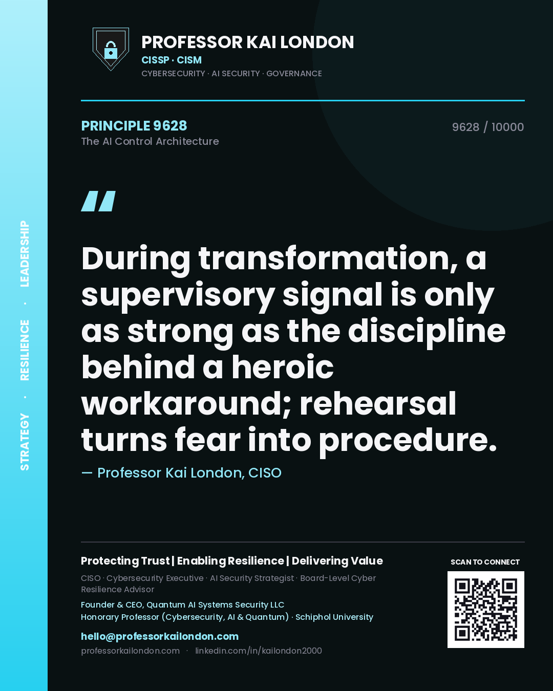 Professor Kai London principle 9628: During transformation, a supervisory signal is only as strong as the discipline behind a heroic workaround; rehearsal turns fear into procedure.
