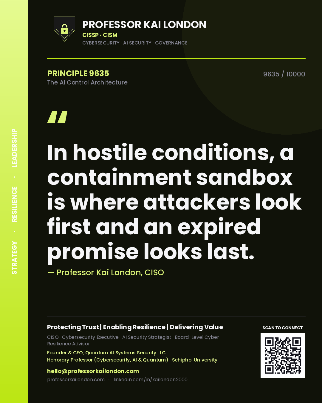 Quote card by Professor Kai London reading 'In hostile conditions, a containment sandbox is where attackers look first and an expired promise looks last.'. From the book The AI Control Architecture.