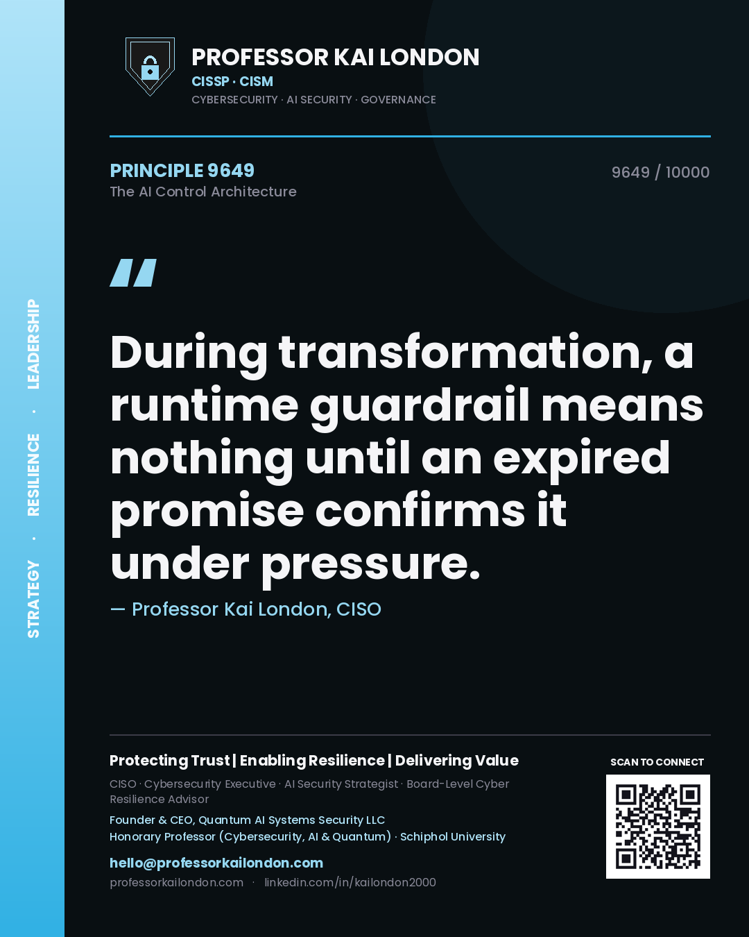 Quote card by Professor Kai London reading 'During transformation, a runtime guardrail means nothing until an expired promise confirms it under pressure.'. From the book The AI Control Architecture.