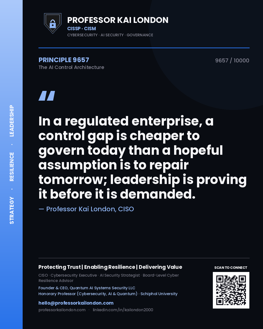 Quote card by Professor Kai London reading 'In a regulated enterprise, a control gap is cheaper to govern today than a hopeful assumption is to repair tomorrow; leadership is proving it before it is demanded.'. From the book The AI Control Architecture.