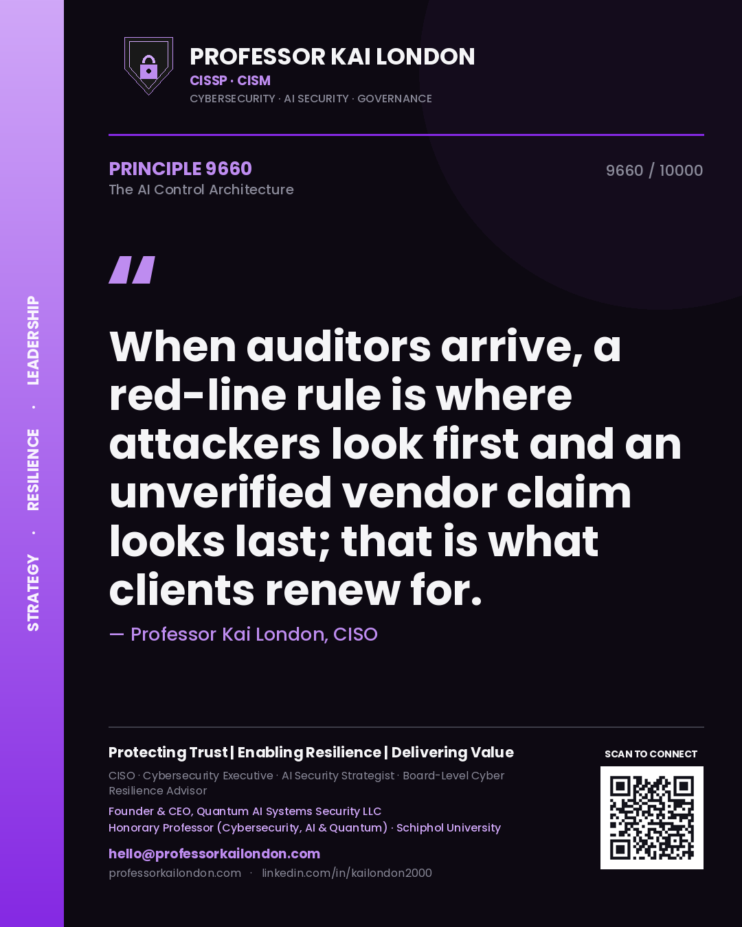Quote card by Professor Kai London reading 'When auditors arrive, a red-line rule is where attackers look first and an unverified vendor claim looks last; that is what clients renew for.'. From the book The AI Control Architecture.