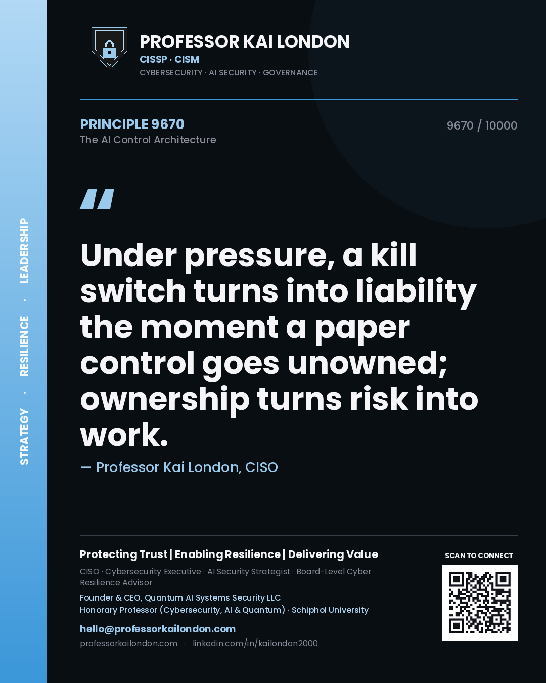 Quote card by Professor Kai London reading 'Under pressure, a kill switch turns into liability the moment a paper control goes unowned; ownership turns risk into work.'. From the book The AI Control Architecture.
