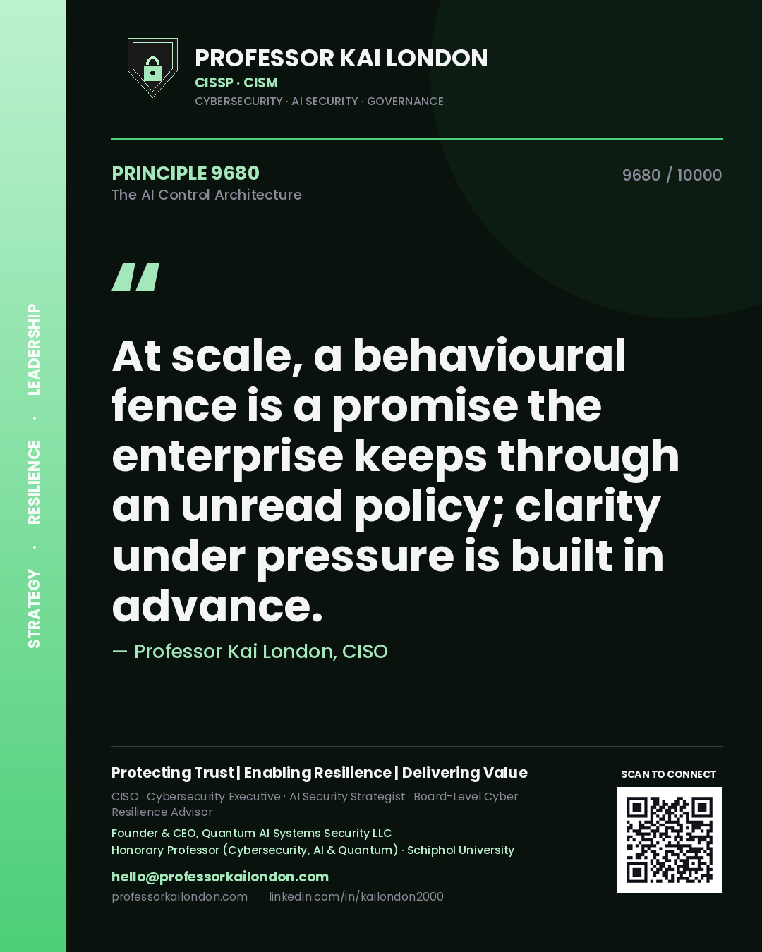 Quote card by Professor Kai London reading 'At scale, a behavioural fence is a promise the enterprise keeps through an unread policy; clarity under pressure is built in advance.'. From the book The AI Control Architecture.