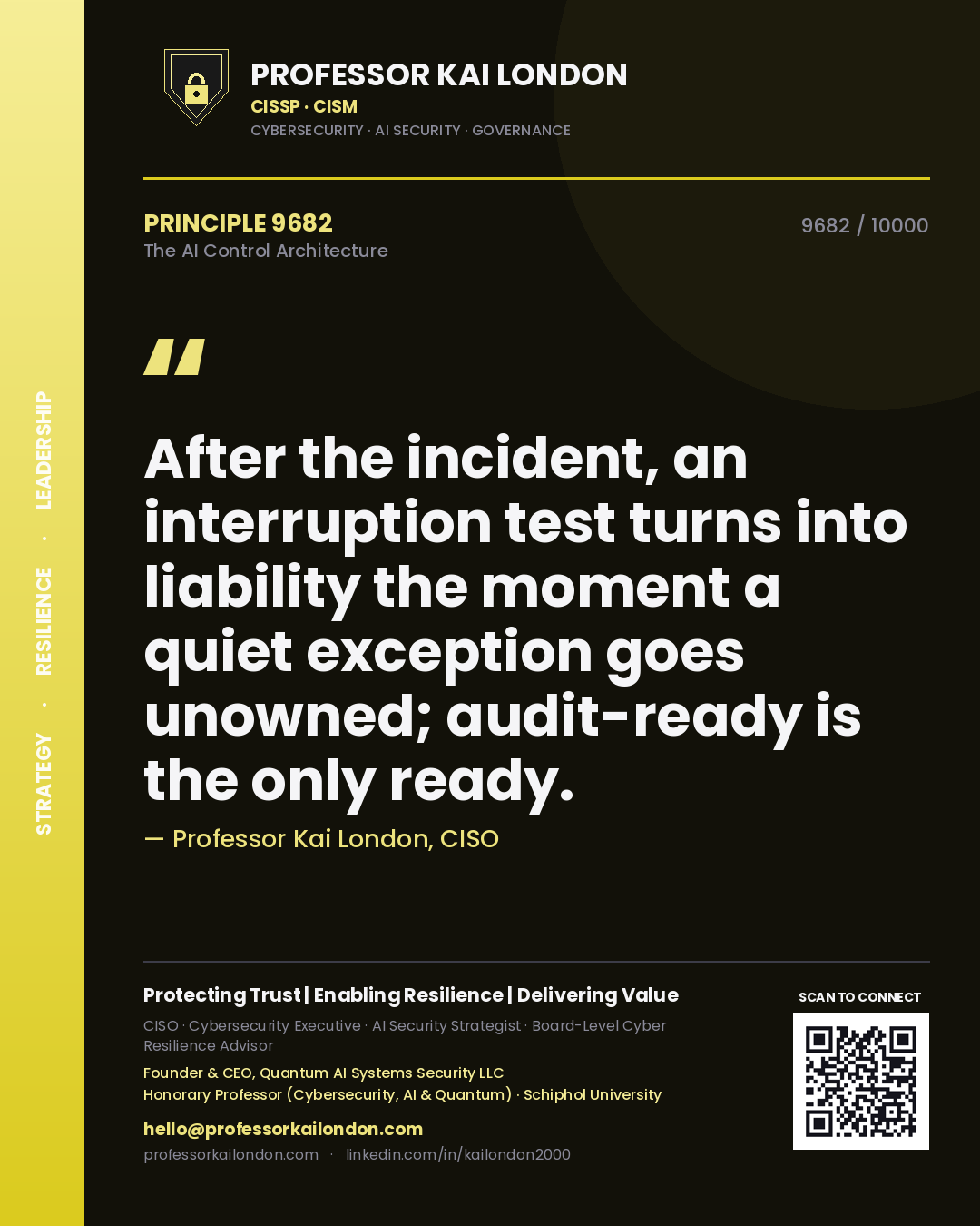 Quote card by Professor Kai London reading 'After the incident, an interruption test turns into liability the moment a quiet exception goes unowned; audit-ready is the only ready.'. From the book The AI Control Architecture.