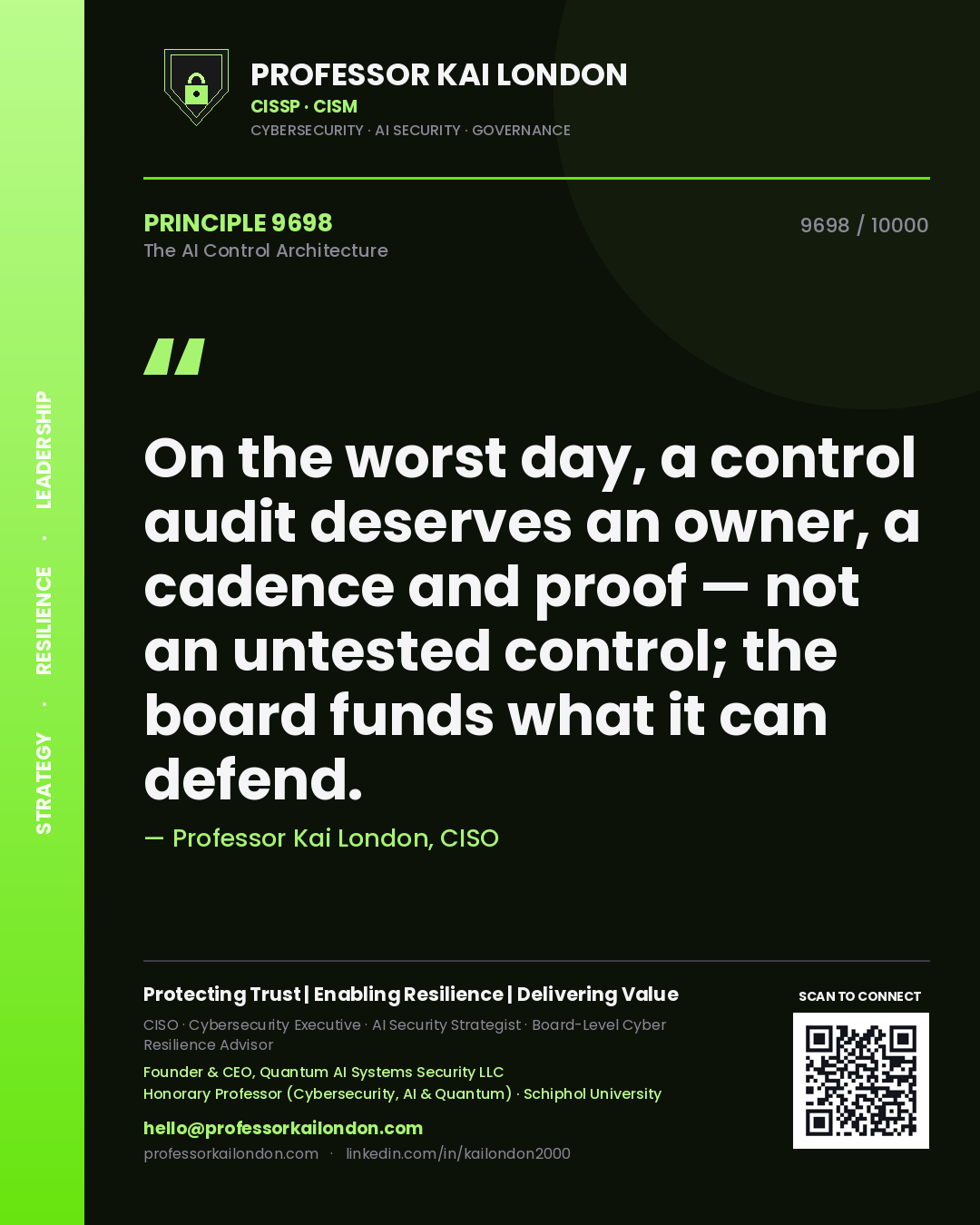 Quote card by Professor Kai London reading 'On the worst day, a control audit deserves an owner, a cadence and proof — not an untested control; the board funds what it can defend.'. From the book The AI Control Architecture.