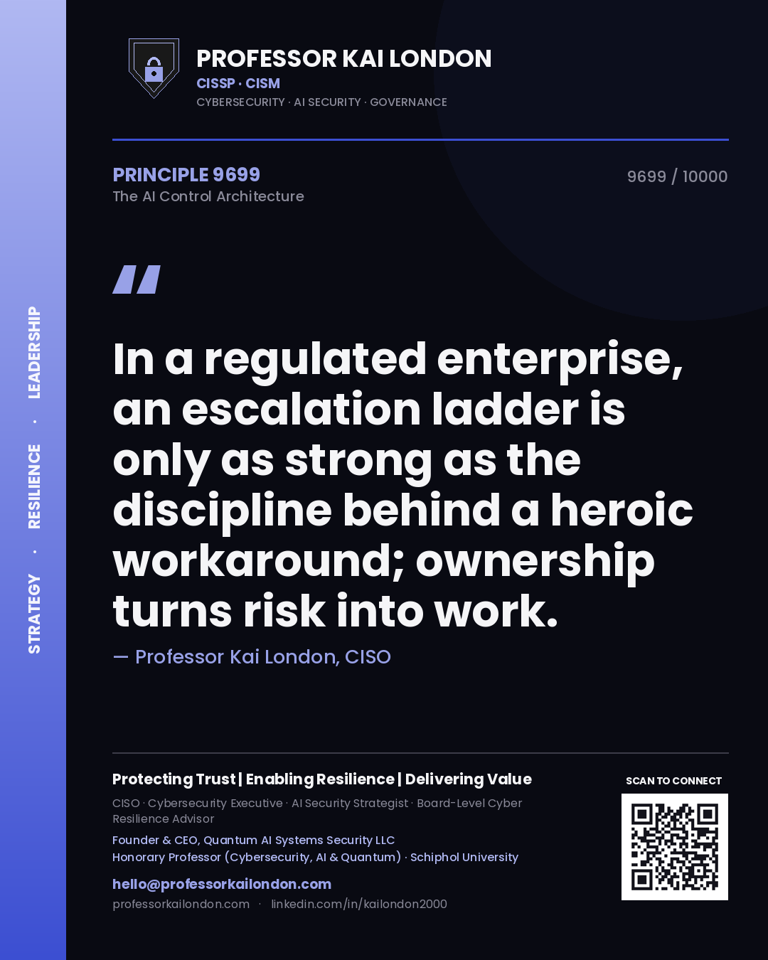 Quote card by Professor Kai London reading 'In a regulated enterprise, an escalation ladder is only as strong as the discipline behind a heroic workaround; ownership turns risk into work.'. From the book The AI Control Architecture.