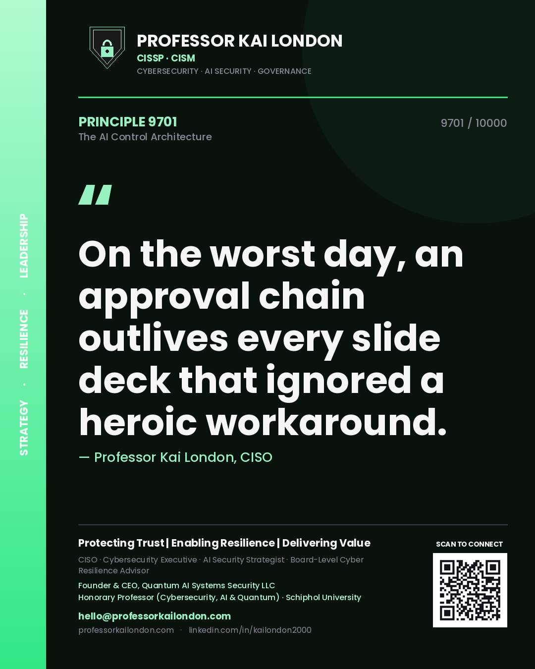 Professor Kai London principle 9701: On the worst day, an approval chain outlives every slide deck that ignored a heroic workaround.