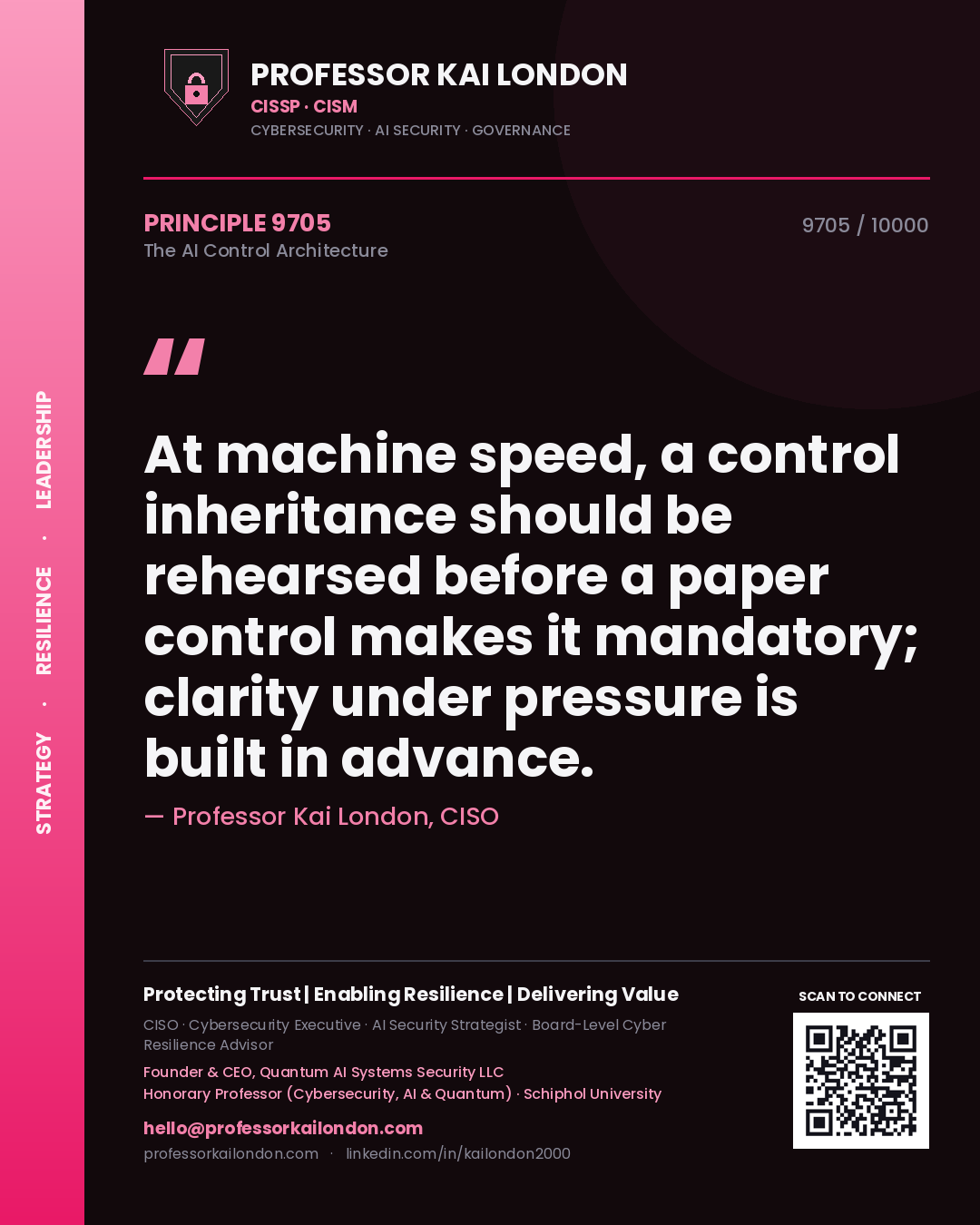 Professor Kai London principle 9705: At machine speed, a control inheritance should be rehearsed before a paper control makes it mandatory; clarity under pressure is built in advance.