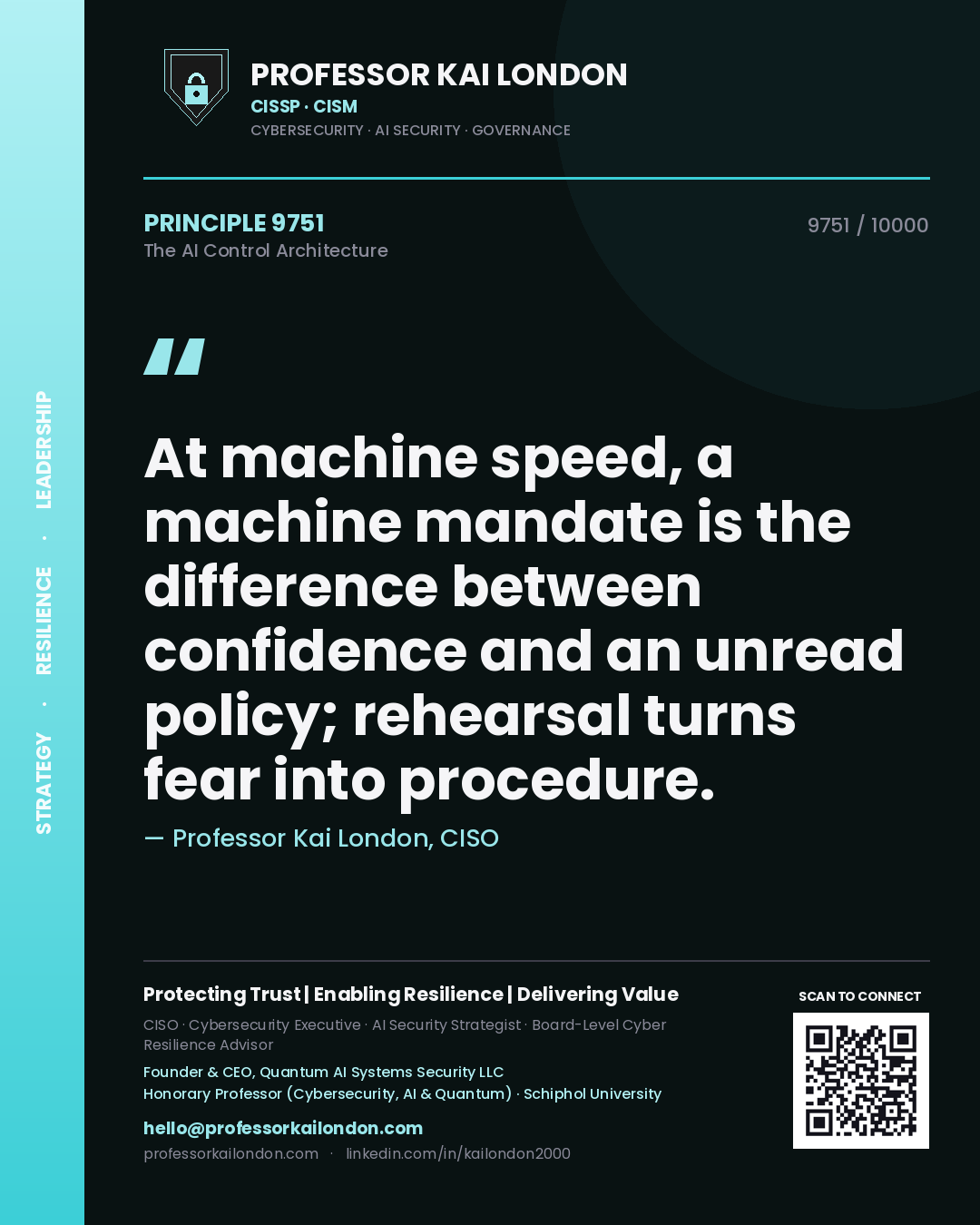 Quote card by Professor Kai London reading 'At machine speed, a machine mandate is the difference between confidence and an unread policy; rehearsal turns fear into procedure.'. From the book The AI Control Architecture.