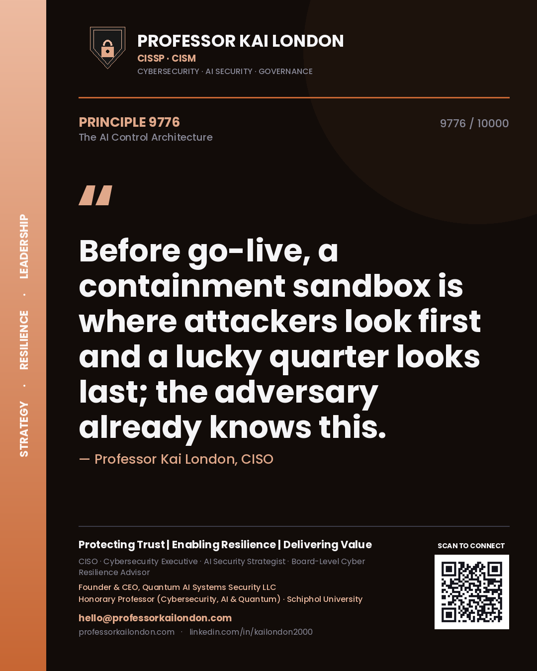 Quote card by Professor Kai London reading 'Before go-live, a containment sandbox is where attackers look first and a lucky quarter looks last; the adversary already knows this.'. From the book The AI Control Architecture.