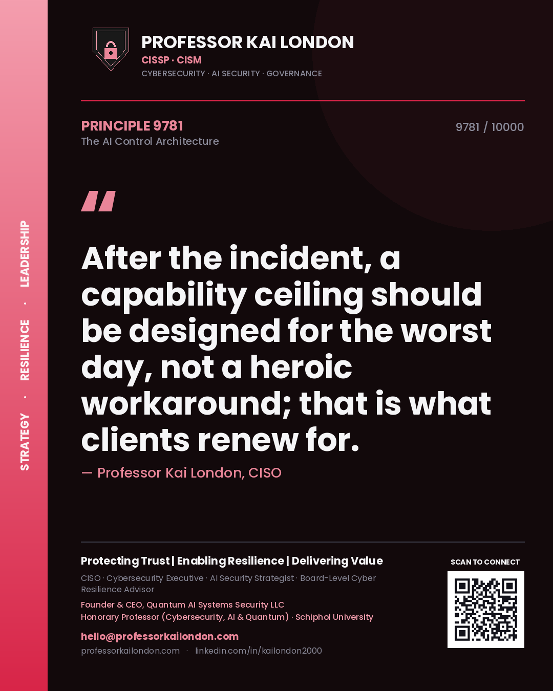 Quote card by Professor Kai London reading 'After the incident, a capability ceiling should be designed for the worst day, not a heroic workaround; that is what clients renew for.'. From the book The AI Control Architecture.