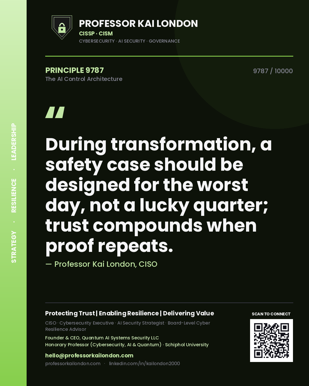Professor Kai London principle 9787: During transformation, a safety case should be designed for the worst day, not a lucky quarter; trust compounds when proof repeats.