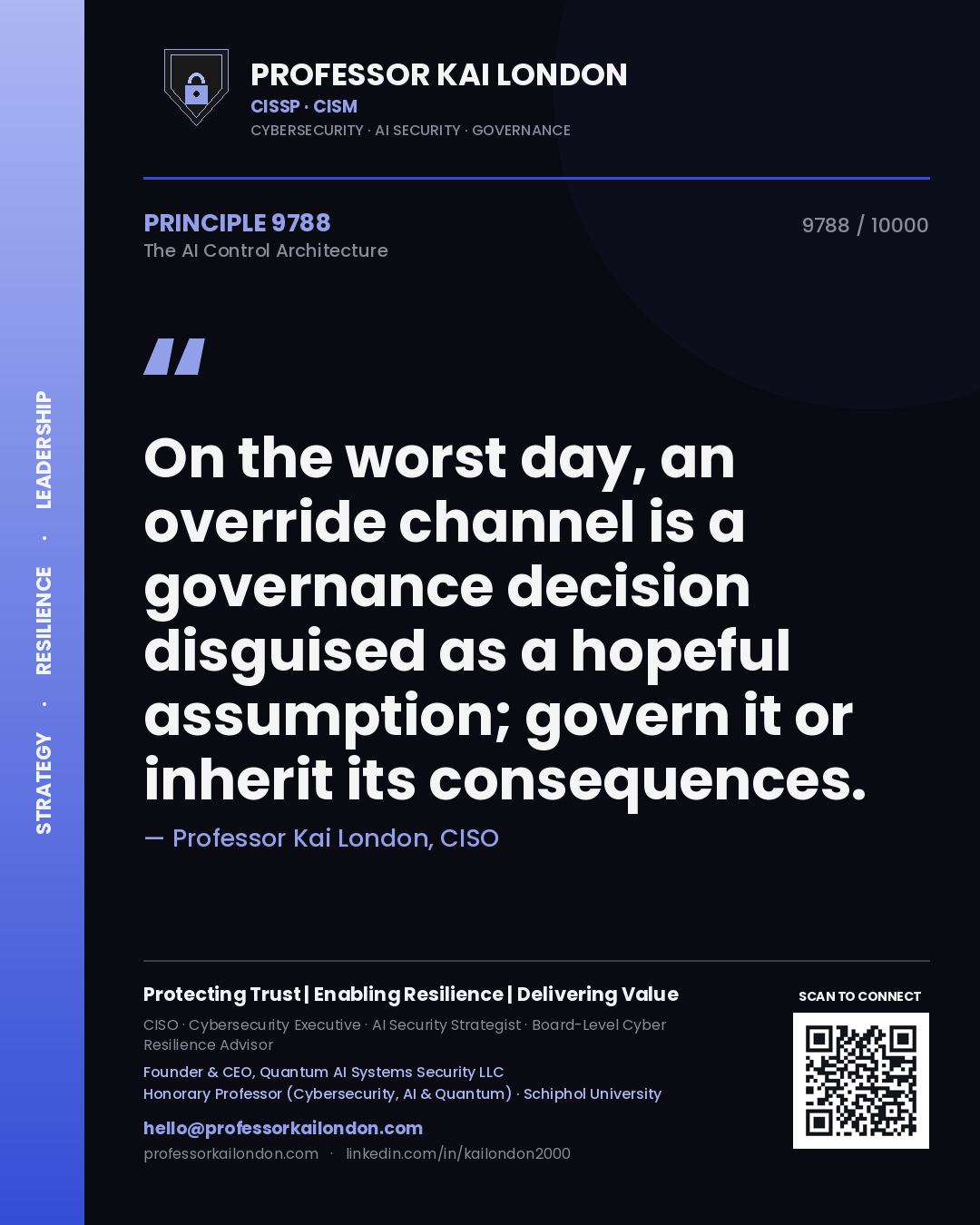 Quote card by Professor Kai London reading 'On the worst day, an override channel is a governance decision disguised as a hopeful assumption; govern it or inherit its consequences.'. From the book The AI Control Architecture.