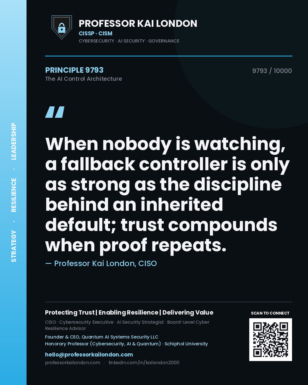 Professor Kai London principle 9793: When nobody is watching, a fallback controller is only as strong as the discipline behind an inherited default; trust compounds when proof repeats.
