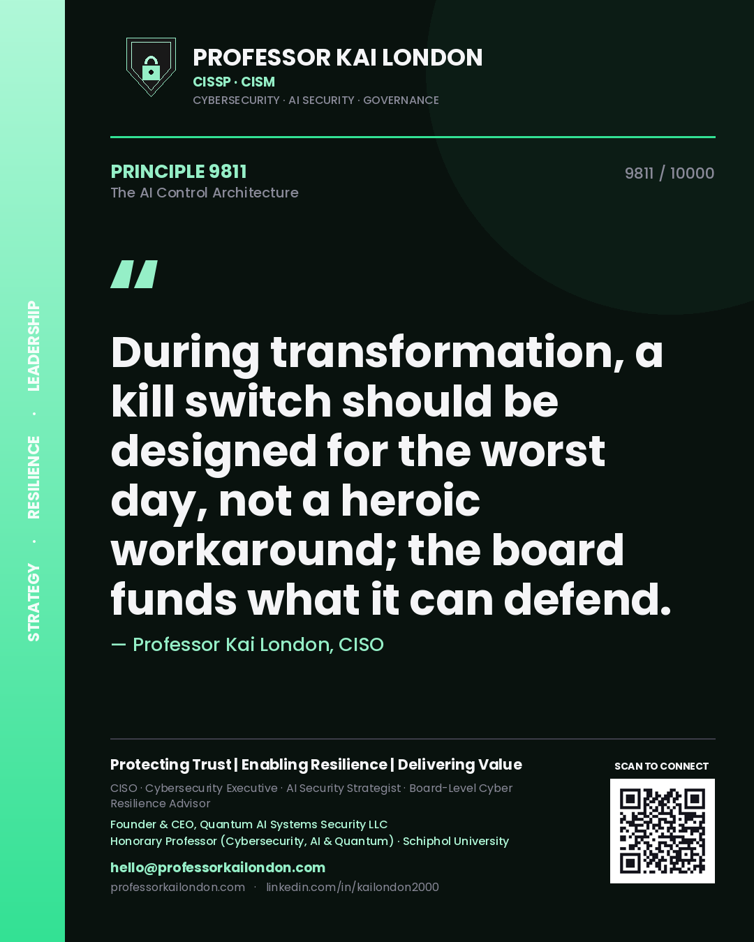 Quote card by Professor Kai London reading 'During transformation, a kill switch should be designed for the worst day, not a heroic workaround; the board funds what it can defend.'. From the book The AI Control Architecture.