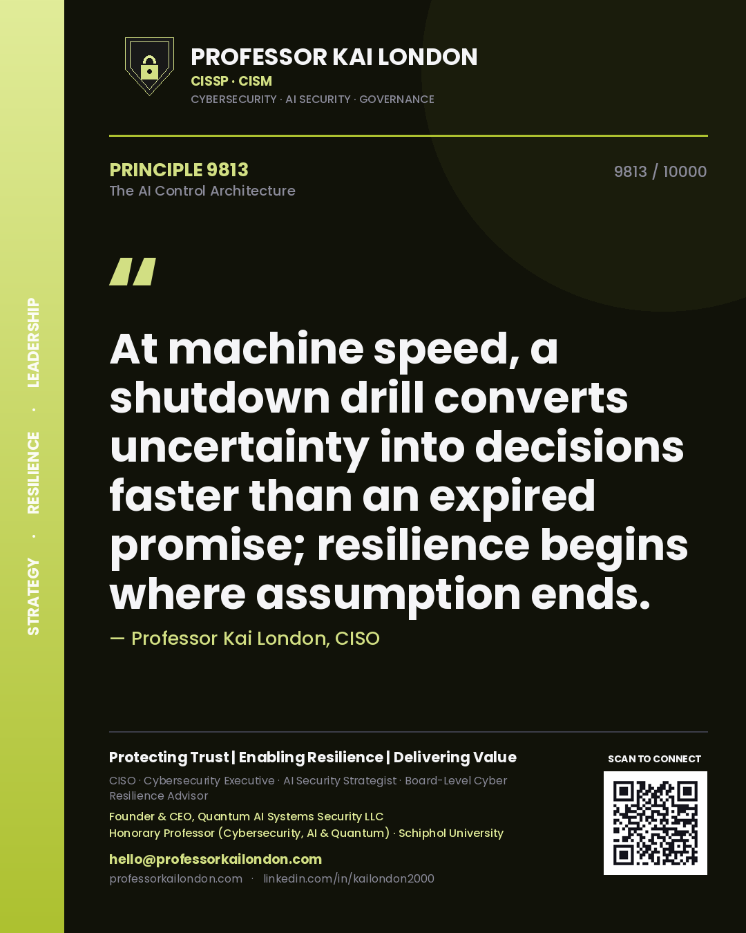 Quote card by Professor Kai London reading 'At machine speed, a shutdown drill converts uncertainty into decisions faster than an expired promise; resilience begins where assumption ends.'. From the book The AI Control Architecture.