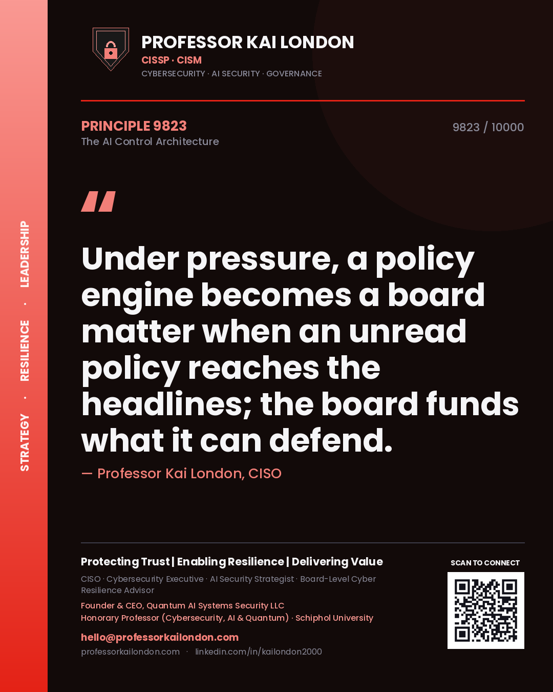 Quote card by Professor Kai London reading 'Under pressure, a policy engine becomes a board matter when an unread policy reaches the headlines; the board funds what it can defend.'. From the book The AI Control Architecture.