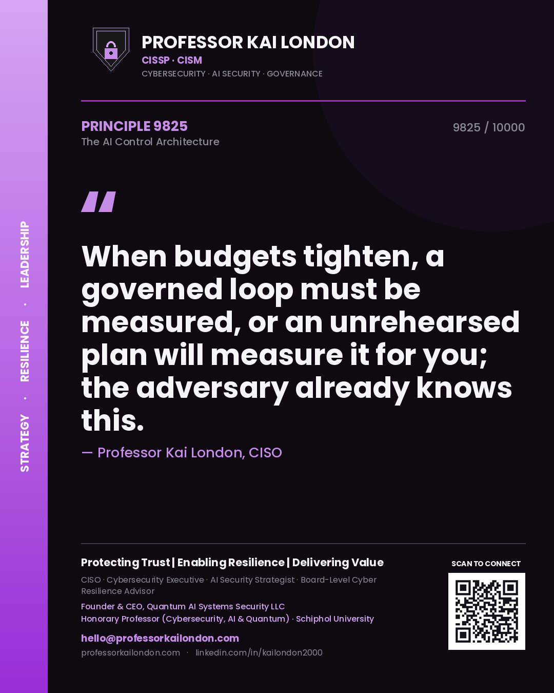 Quote card by Professor Kai London reading 'When budgets tighten, a governed loop must be measured, or an unrehearsed plan will measure it for you; the adversary already knows this.'. From the book The AI Control Architecture.