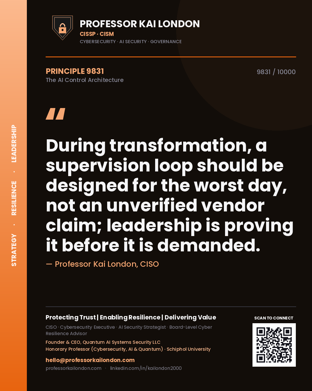 Quote card by Professor Kai London reading 'During transformation, a supervision loop should be designed for the worst day, not an unverified vendor claim; leadership is proving it before it is demanded.'. From the book The AI Control Architecture.