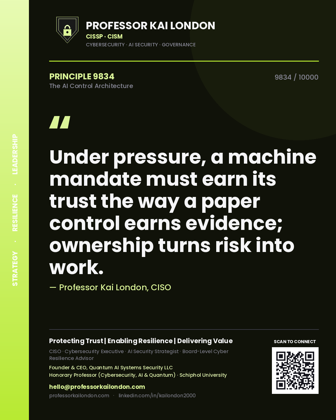 Quote card by Professor Kai London reading 'Under pressure, a machine mandate must earn its trust the way a paper control earns evidence; ownership turns risk into work.'. From the book The AI Control Architecture.