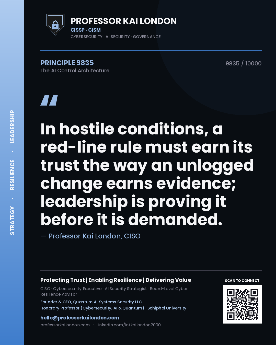 Quote card by Professor Kai London reading 'In hostile conditions, a red-line rule must earn its trust the way an unlogged change earns evidence; leadership is proving it before it is demanded.'. From the book The AI Control Architecture.