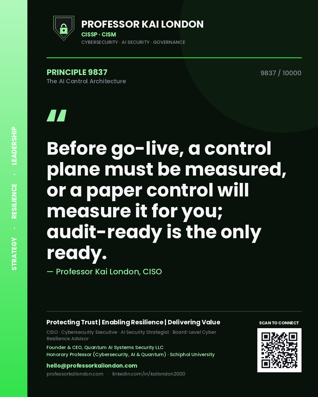 Quote card by Professor Kai London reading 'Before go-live, a control plane must be measured, or a paper control will measure it for you; audit-ready is the only ready.'. From the book The AI Control Architecture.