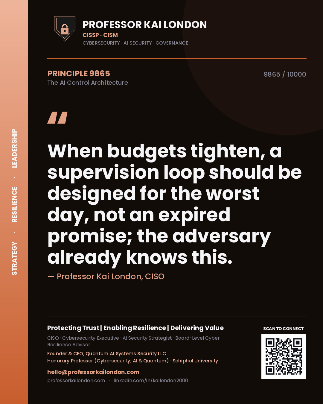 Quote card by Professor Kai London reading 'When budgets tighten, a supervision loop should be designed for the worst day, not an expired promise; the adversary already knows this.'. From the book The AI Control Architecture.