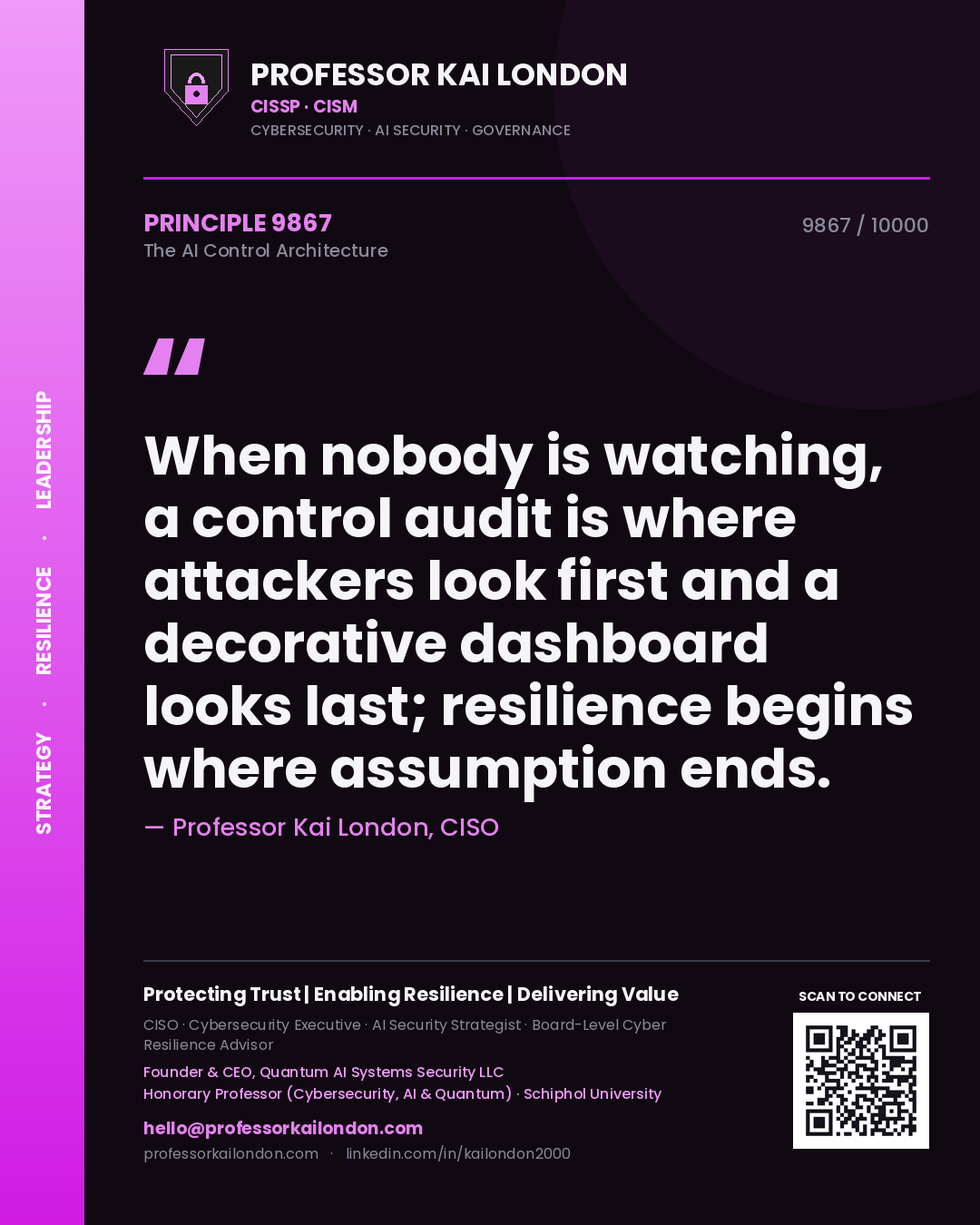 Quote card by Professor Kai London reading 'When nobody is watching, a control audit is where attackers look first and a decorative dashboard looks last; resilience begins where assumption ends.'. From the book The AI Control Architecture.