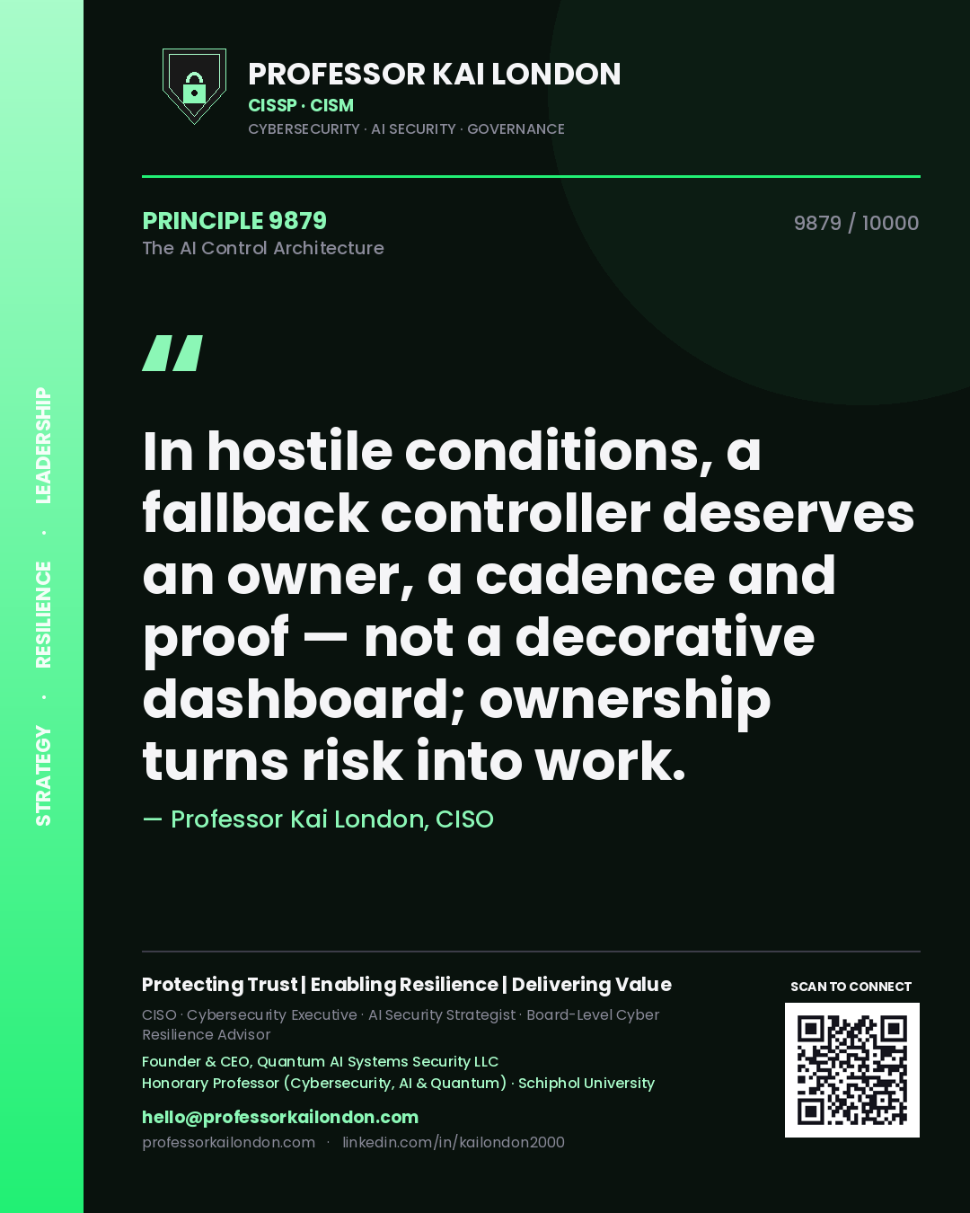 Quote card by Professor Kai London reading 'In hostile conditions, a fallback controller deserves an owner, a cadence and proof — not a decorative dashboard; ownership turns risk into work.'. From the book The AI Control Architecture.