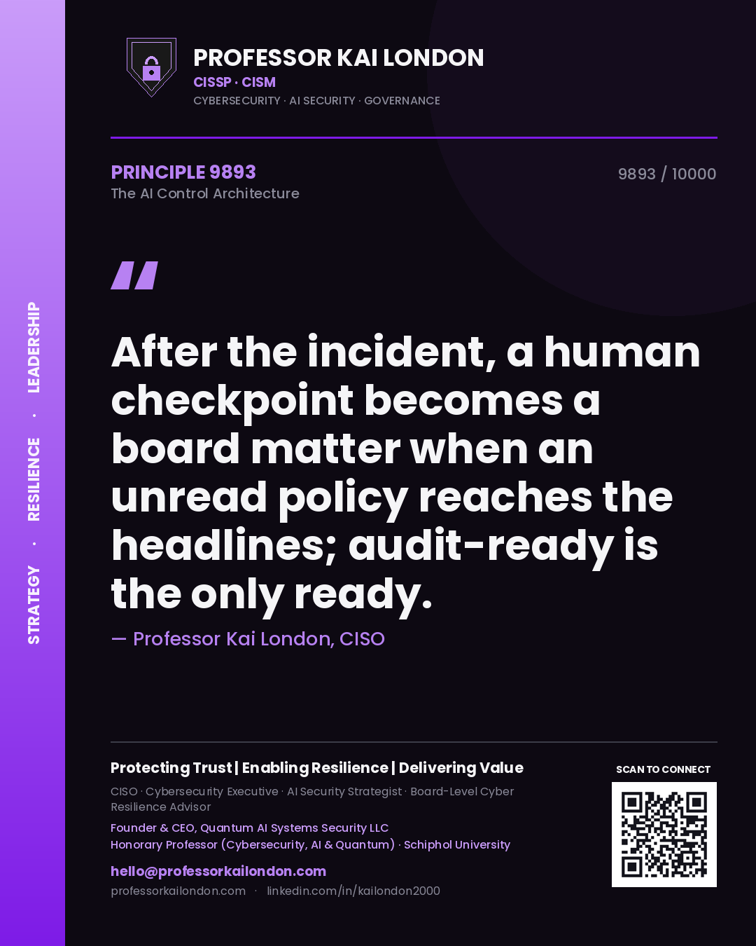 Quote card by Professor Kai London reading 'After the incident, a human checkpoint becomes a board matter when an unread policy reaches the headlines; audit-ready is the only ready.'. From the book The AI Control Architecture.